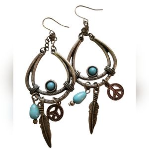 Vintage 70's earrings Peace Signs Native Feathers 3 1/2"